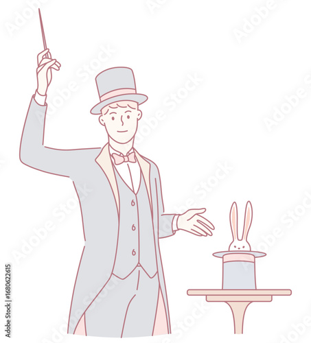 A magician dressed in a classic, colorful outfit skillfully conjures a rabbit out of a top hat on stage