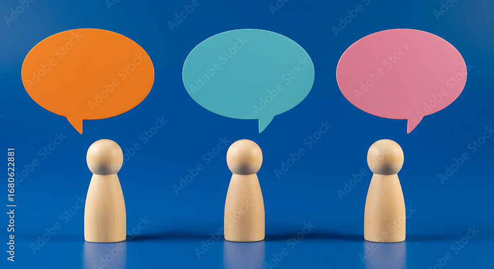 Obraz premium Three wooden figures stand beneath vibrant speech bubbles against a blue backdrop, symbolizing collaborative discussions and communication, ideas