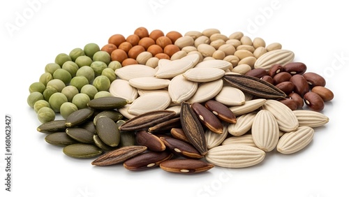 An assortment of various seeds and beans are arranged in separate piles, showcasing different colors, shapes, and textures against a white background.