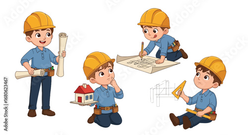 Set of cartoon illustrations of kids dressed as architects and engineers with helmets, blueprints, and measuring tools, symbolizing construction, building design, teamwork, creativity, and education