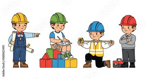 Set of cartoon illustrations of kids dressed as architects and engineers with helmets, blueprints, and measuring tools, symbolizing construction, building design, teamwork, creativity, and education