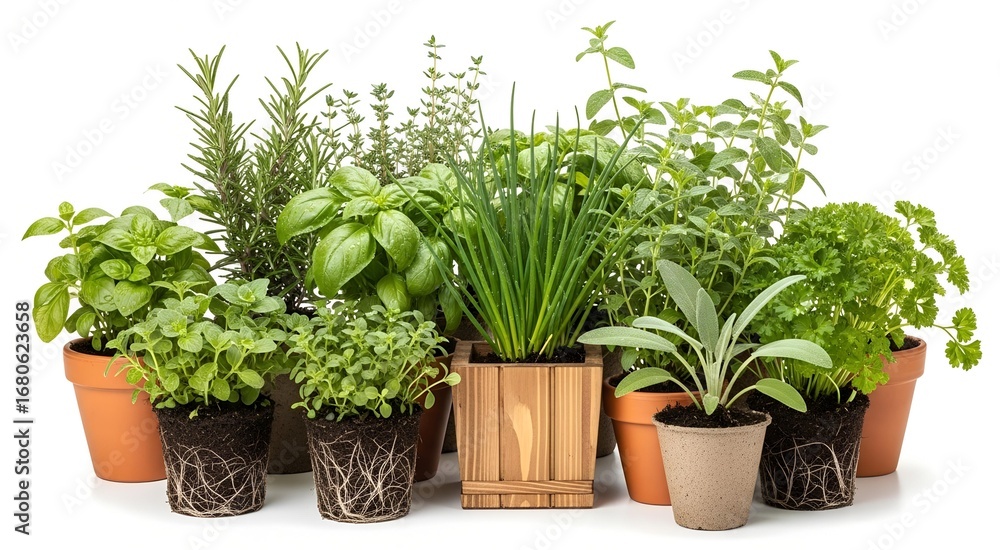 Obraz premium A collection of various herbs and spices in terracotta pots, displayed against a white background.
