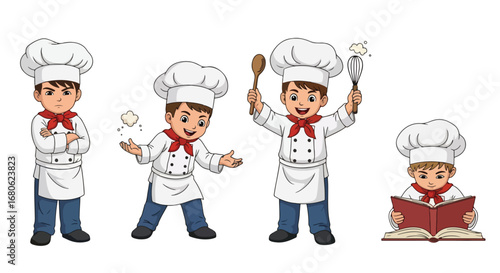 Set of cartoon illustrations of kids dressed as chefs in uniforms holding bowl, spoon, and rolling pin, symbolizing cooking, culinary arts, teamwork, food preparation, and career role play