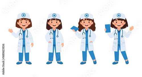 Set of cartoon illustrations of kids dressed as doctors in medical uniforms with stethoscope, clipboard, and lab coat, symbolizing healthcare, medicine, teamwork, and education for career role play