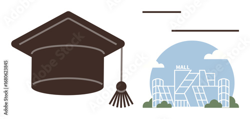 Graduation cap next to a mall building with abstract modern design. Ideal for education, retail, career success, achievement, opportunities, lifestyle balance, urban planning. Simple flat metaphor