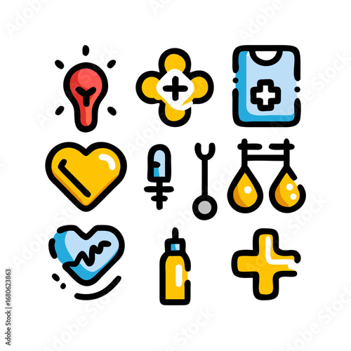 Universal medical icons. Cross (medicine), heartbeat, pill, syringe, stethoscope, first aid kit, drop of blood, tooth (dentistry), bone (orthopedics), cardiogram.