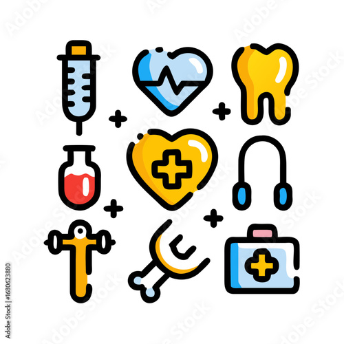 Universal medical icons. Cross (medicine), heartbeat, pill, syringe, stethoscope, first aid kit, drop of blood, tooth (dentistry), bone (orthopedics), cardiogram.