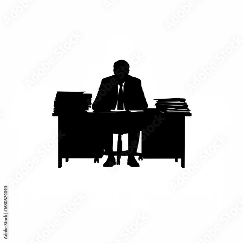Silhouette of a businessman overwhelmed by work and feeling isolated at his desk