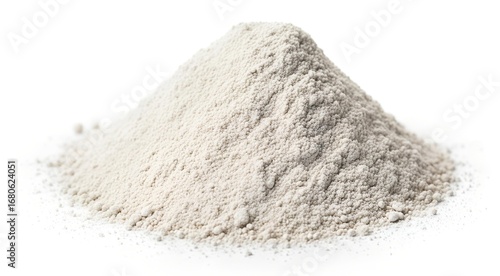 A conical mound of fine, off-white powder, like flour or clay, isolated on a clean white background.