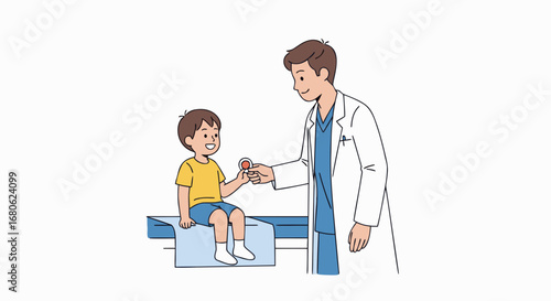 Doctor examining young boy and handing him a toy in clinic  