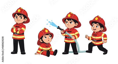 Set of cartoon illustrations of kids dressed as firefighters in uniforms holding hose, axe, and helmet, symbolizing fire safety, rescue teamwork, emergency service, and career role play for education