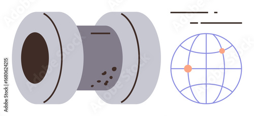 Large cable spool next to dotted globe with points, representing global communication, technology, and infrastructure. Ideal for technology, communication, industry, globalization, innovation