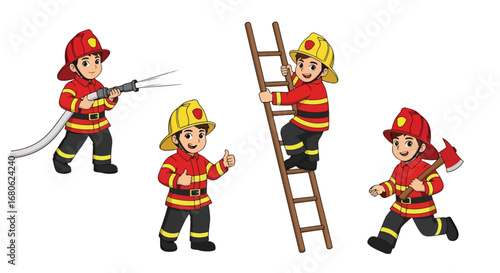 Set of cartoon illustrations of kids dressed as firefighters in uniforms holding hose, axe, and helmet, symbolizing fire safety, rescue teamwork, emergency service, and career role play for education