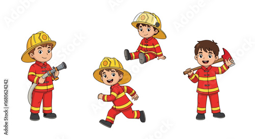 Set of cartoon illustrations of kids dressed as firefighters in uniforms holding hose, axe, and helmet, symbolizing fire safety, rescue teamwork, emergency service, and career role play for education