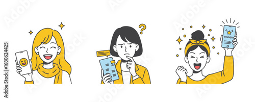 Cartoon style vector illustration set of women showing different emotions while using smartphone, including cheerful happiness with emoji, confusion with messages, and excitement winning a prize