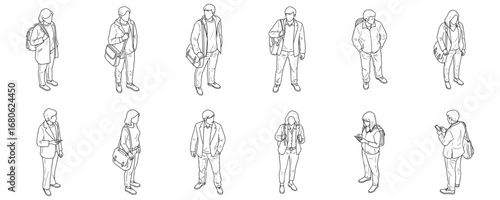 people standing in casual everyday poses, men and women characters, black ink line art vector illustration for architecture drawings and design projects