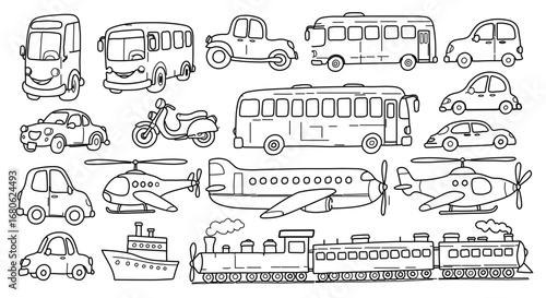 Vector icon set of black and white vehicles including cars, buses, trucks, motorcycles, bicycles, airplanes, ships, and trains