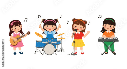 Set of cartoon illustrations of kids performing as musicians. symbolizing music education, creativity, performance, and teamwork