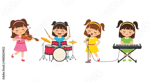 Set of cartoon illustrations of kids performing as musicians. symbolizing music education, creativity, performance, and teamwork