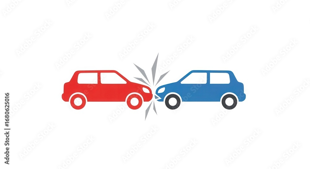 Fototapeta premium A red and blue car collision, impact shown with a starburst effect.