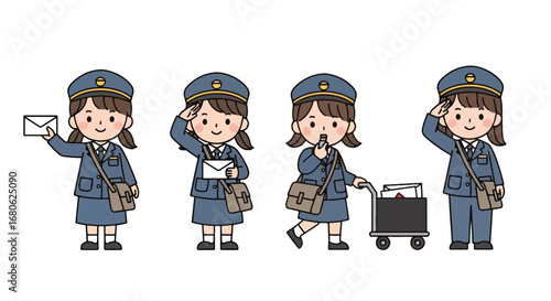 Set of cartoon illustrations of kids dressed as mail carriers in professional uniforms delivering letters and packages, riding bicycle, and saluting, symbolizing postal service, delivery, and teamwork