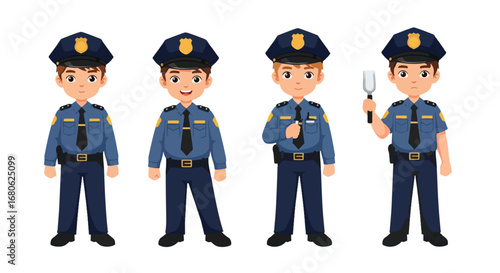 Set of cartoon illustrations of kids dressed as police officers in uniforms saluting, investigating with magnifier, chasing, and driving toy police car, symbolizing law enforcement, safety