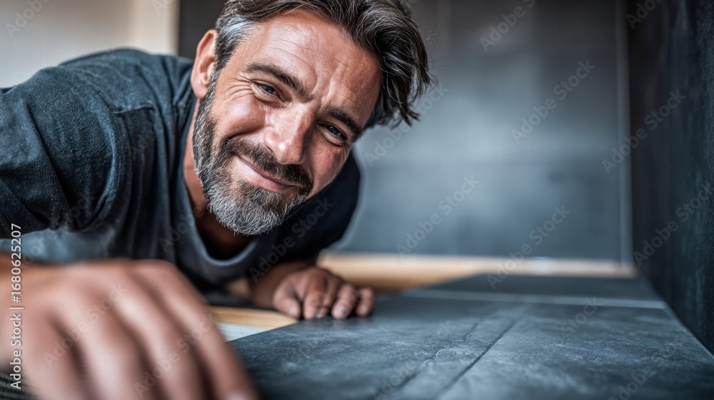 Obraz premium Smiling man installing new tile flooring in a home renovation project.