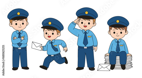 Set of cartoon illustrations of kids dressed as mail carriers in professional uniforms delivering letters and packages, riding bicycle, and saluting, symbolizing postal service, delivery, and teamwork