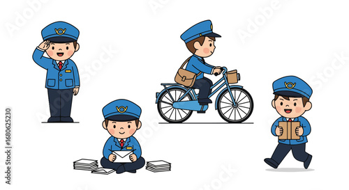 Set of cartoon illustrations of kids dressed as mail carriers in professional uniforms delivering letters and packages, riding bicycle, and saluting, symbolizing postal service, delivery, and teamwork