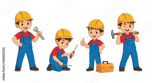 Set of cartoon illustrations of kids dressed as repairman in professional workwear holding tools, toolbox, and bolts, symbolizing career role play, teamwork, repair service, and education concepts