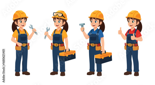 Set of cartoon illustrations of kids dressed as repairman in professional workwear holding tools, toolbox, and bolts, symbolizing career role play, teamwork, repair service, and education concepts
