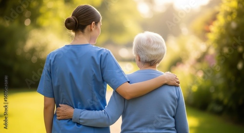 Caregiver supporting elderly woman outdoors in a park setting.