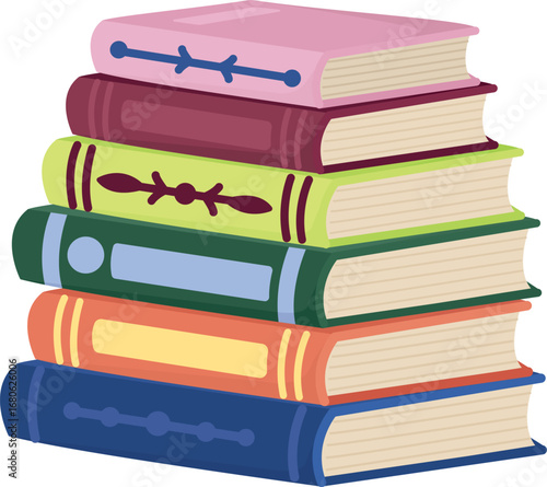 Illustration with stack of bright books isolated on white. Printed literature are stacked one on top of the other
