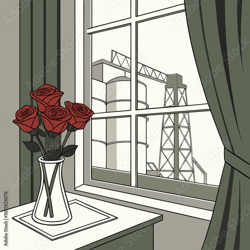 woman in the window with a bouquet