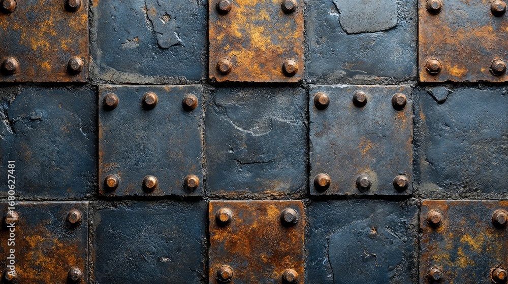 Fototapeta premium Rusty metal plates, wall texture, squares, rivets