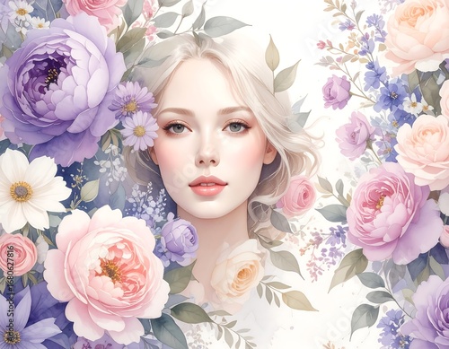 A beautiful woman surrounded by a vibrant array of pastel-colored flowers, showcasing delicate detail and a serene mood.