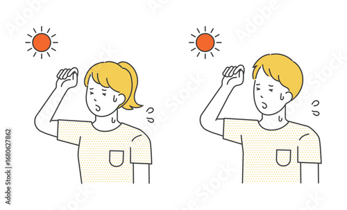 熱中症の危険がある汗をかいた男女イラスト