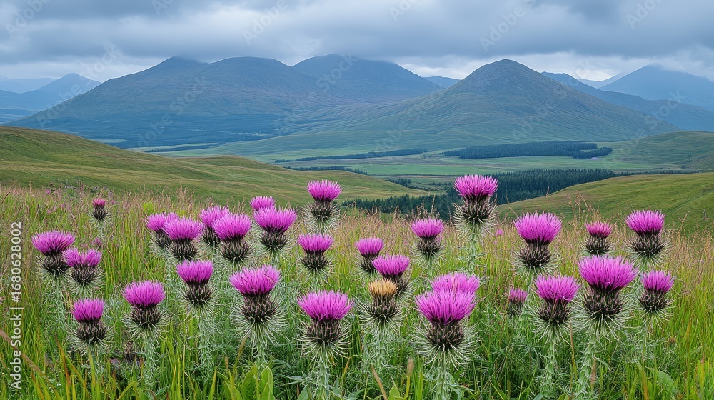 Obraz premium Scottish thistle wildflowers in grassy highlands, mountains in background