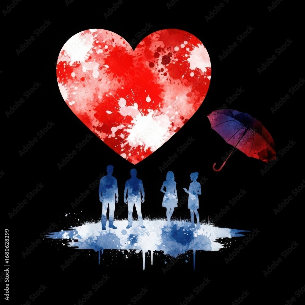 Obraz premium Four silhouettes under a bloody heart moon with an umbrella
