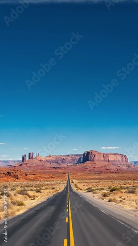 Static wide shot of an empty road leading to the iconic buttes of Monument Valley, Arizona a journey to a famous travel destination