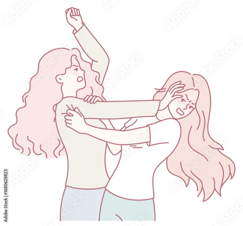 A vivid illustration shows two women in a tense altercation, revealing their deep and complex emotions
