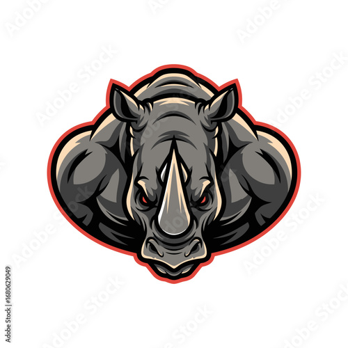Powerful muscular rhinoceros mascot with glowing red eyes in a fierce frontal view, ideal for a sports or gaming team emblem