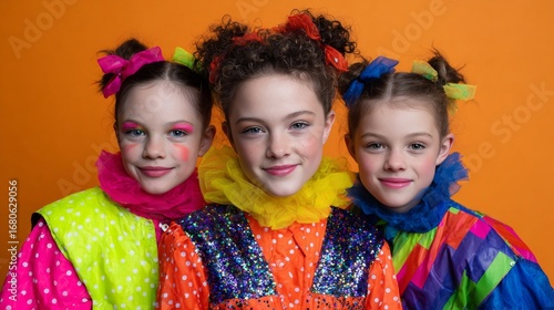 Three European girls in vibrant clown costumes smile with infectious joy, celebrating World Circus Day and Carnival extravagance