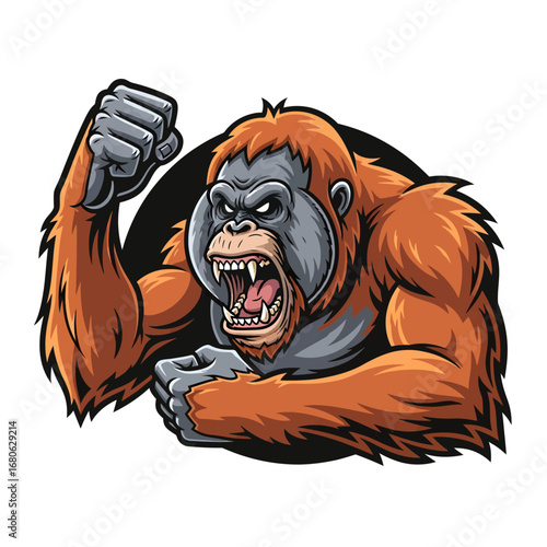 Vector illustration of a ferocious orangutan mascot in a fighting stance. A concept of primal rage, aggression, and untamed wild power