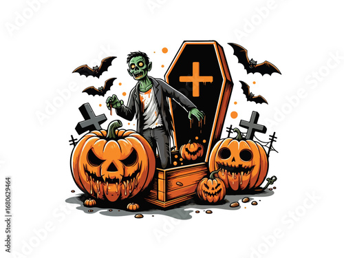 scary zombie , Horror pumpkin ,Halloween T-shirt Design , Generative AI