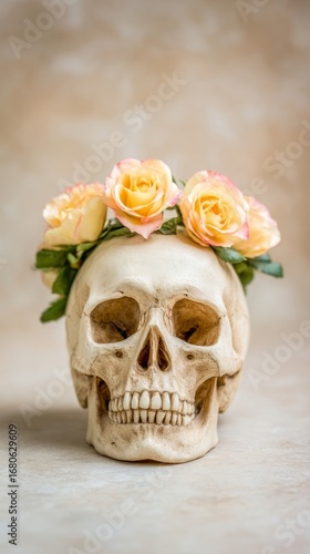 Ancient skull crowned with vibrant peach roses evokes Dia de los Muertos, echoing life's beauty amid serene decay