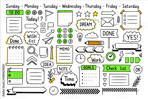 High quality hand-drawn vector illustration of planner and organizational elements, featuring days of the week, task labels, icons, frames, and decorative doodles