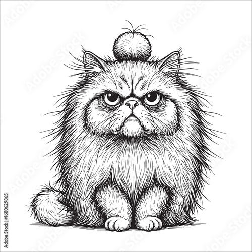 Vector art of grumpy persian cat with a pompom drawing