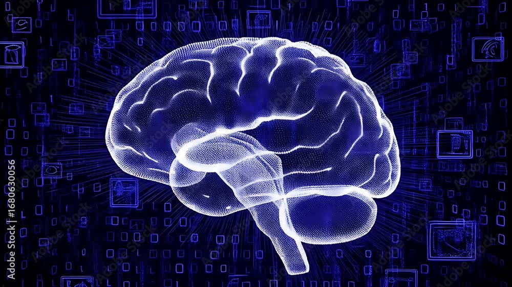 Human brain model rotating amidst digital data stream on black