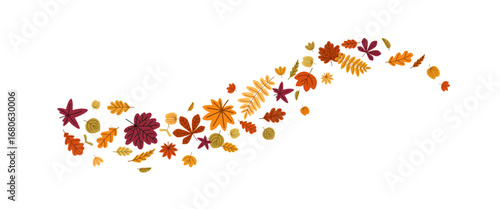 Autumn tree leaf flying in air, twirling. Fall leaves in curve motion, scattered seasonal foliage falling in dynamic flow. Natural decor. Flat vector illustration isolated on white background